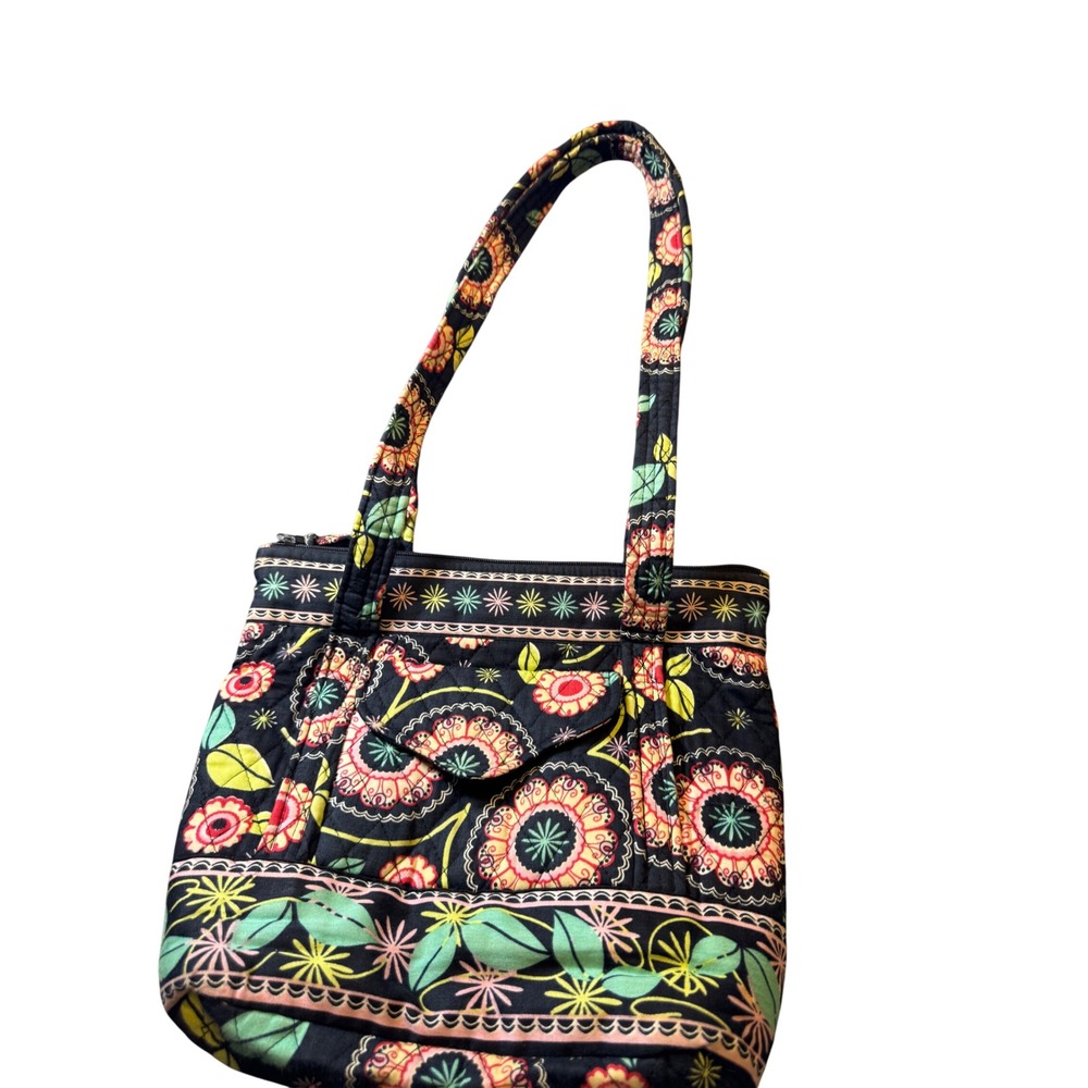 Vera Bradley Night and Day Quilted Floral Tote Bag Shoulder Purse Black Pink - Picture 2 of 10